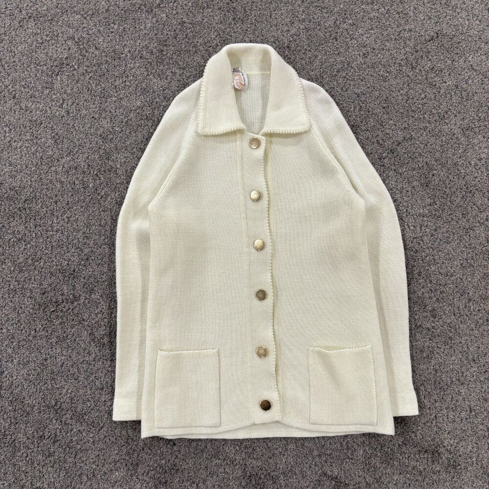 Vintage 70s Paula Ivory Knit Cardigan Sweater Gold Buttons Made in Taiwan